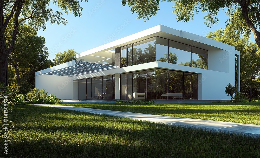 Modern Glass House Design: Eco-Friendly Architecture with Solar Panels in Lush Greenery Modern Glass House Design: Eco-Friendly Architecture with Solar Panels in Lush Greenery