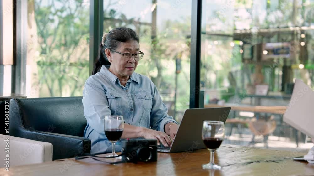 Senior woman in a denim shirt working on a laptop at a wooden table in a bright, green cafe. Glasses of wine nearby symbolize relaxation, productivity, and peaceful moments during retirement. Senior woman in a denim shirt working on a laptop at a wooden table in a bright, green cafe. Glasses of wine nearby symbolize relaxation, productivity, and peaceful moments during retirement.
