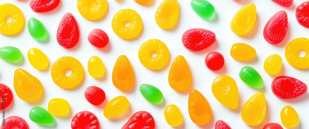 A photograph of a white surface covered in a variety of brightly colored gummy candies. The candies are in various shapes, including hearts, leaves, and teardrops, and are scattered randomly. The colo A photograph of a white surface covered in a variety of brightly colored gummy candies. The candies are in various shapes, including hearts, leaves, and teardrops, and are scattered randomly. The colo