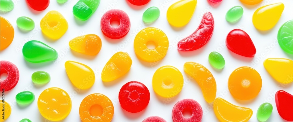 A photograph of a white surface covered in a variety of brightly colored gummy candies. The candies are in various shapes, including hearts, leaves, and teardrops, and are scattered randomly. The colo A photograph of a white surface covered in a variety of brightly colored gummy candies. The candies are in various shapes, including hearts, leaves, and teardrops, and are scattered randomly. The colo