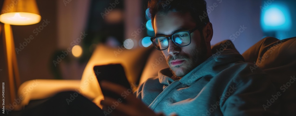 Man scrolling through social media on his phone at night in a dimly lit room with a focused expression Man scrolling through social media on his phone at night in a dimly lit room with a focused expression