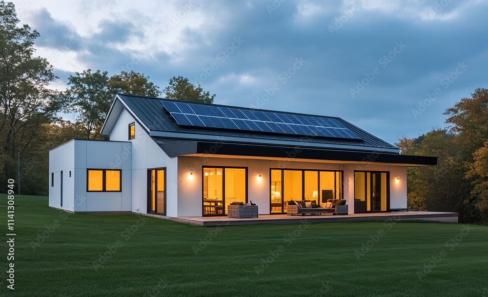 Modern House Design: Solar Panels Powering Eco-Friendly Home with Stunning Night View Modern House Design: Solar Panels Powering Eco-Friendly Home with Stunning Night View