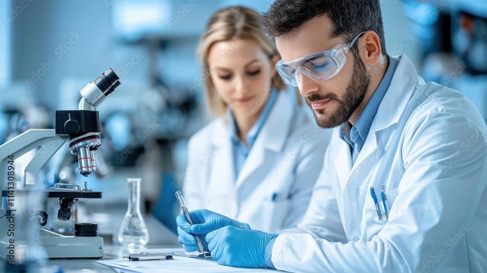 Two scientists in lab coats and safety goggles working together on a laboratory experiment using a microscope and various scientific equipment and samples to conduct research and analysis Two scientists in lab coats and safety goggles working together on a laboratory experiment using a microscope and various scientific equipment and samples to conduct research and analysis