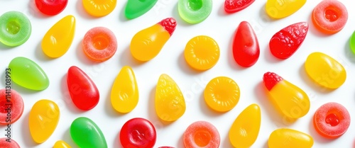 Wallpaper Mural A photograph of a white surface covered in a variety of brightly colored gummy candies. The candies are in various shapes, including hearts, leaves, and teardrops, and are scattered randomly. The colo Torontodigital.ca