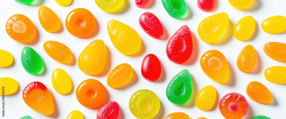 A photograph of a white surface covered in a variety of brightly colored gummy candies. The candies are in various shapes, including hearts, leaves, and teardrops, and are scattered randomly. The colo A photograph of a white surface covered in a variety of brightly colored gummy candies. The candies are in various shapes, including hearts, leaves, and teardrops, and are scattered randomly. The colo