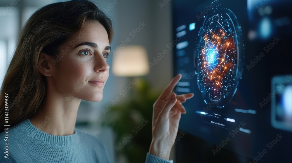 Captivating image of a woman intently focused on a complex futuristic holographic display illustrating the power of technology and innovation in a modern digital world Captivating image of a woman intently focused on a complex futuristic holographic display illustrating the power of technology and innovation in a modern digital world