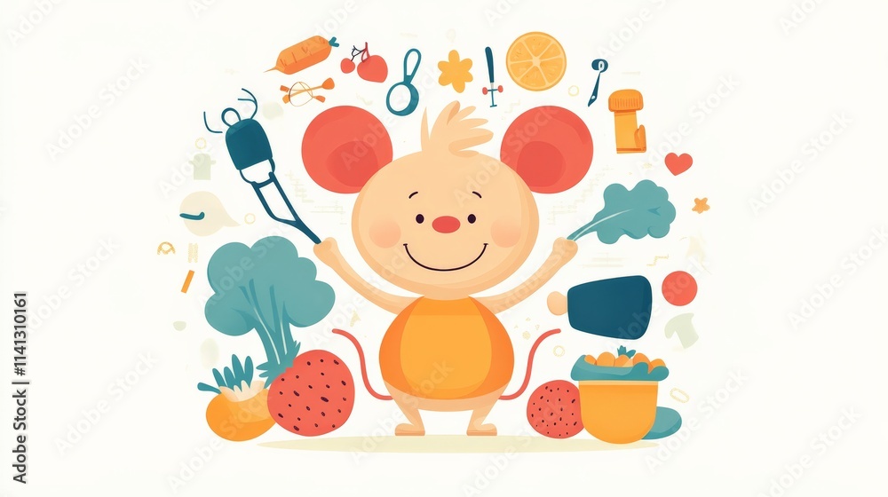 Naklejka premium Cheerful Mouse Surrounded by Healthy Icons