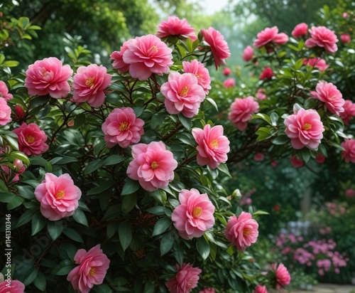 Elegant Camellia Japonica flowers in a lush green garden, pink, garden, nature