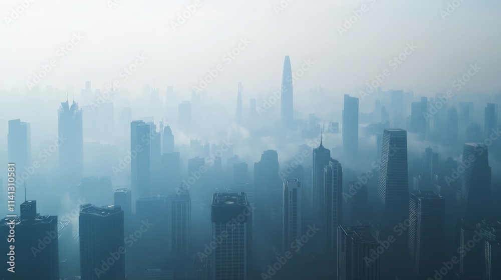 Foggy City Skyline Shrouded in Smog