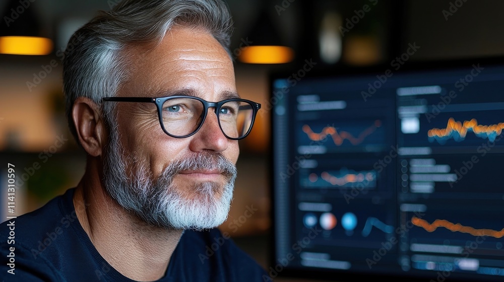Mature gray haired businessman wearing glasses and suit deeply focused on analyzing financial data graphs and charts displayed on computer monitor in modern office workspace Mature gray haired businessman wearing glasses and suit deeply focused on analyzing financial data graphs and charts displayed on computer monitor in modern office workspace