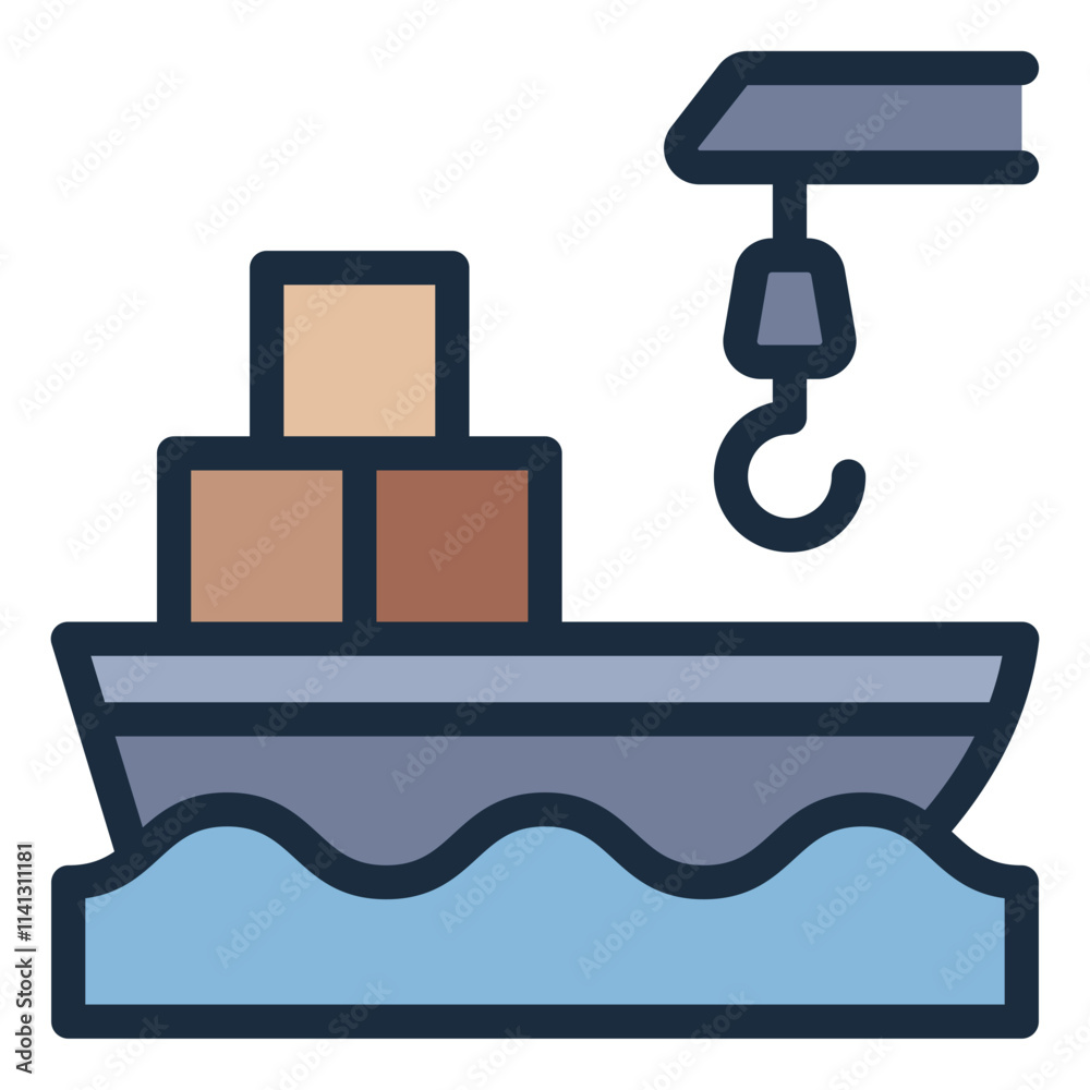 Obraz premium Cargo ship with crane filled line icon for ocean shipping and logistics