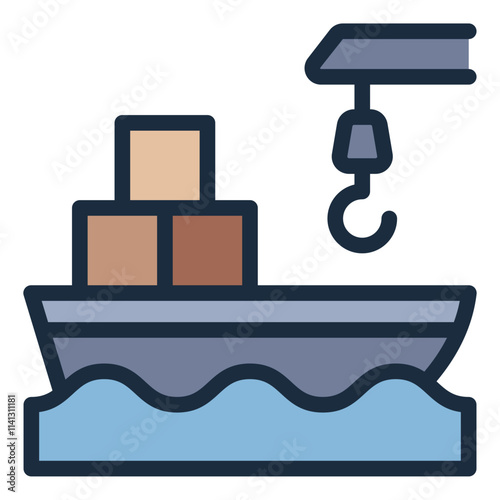 Cargo ship with crane filled line icon for ocean shipping and logistics