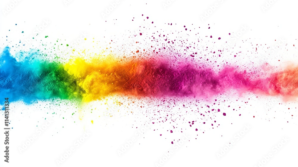 Vibrant rainbow holi paint color explosion on white background, panoramic view Vibrant rainbow holi paint color explosion on white background, panoramic view