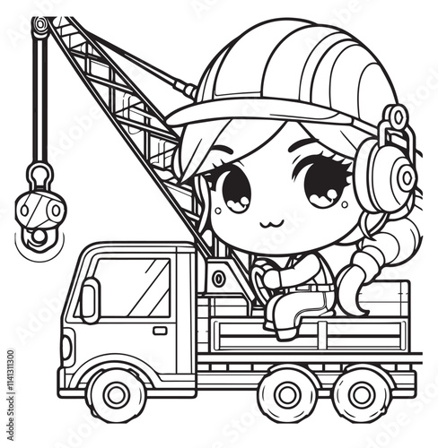 Cute girl constructor with big truck coloring page design 