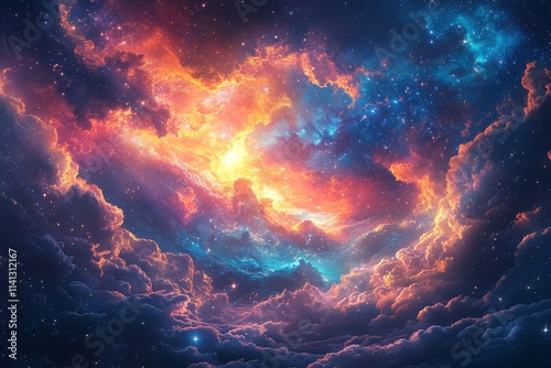 Vibrant mix of colors representing the cosmos, with swirling clouds and stars in an ethereal space setting.