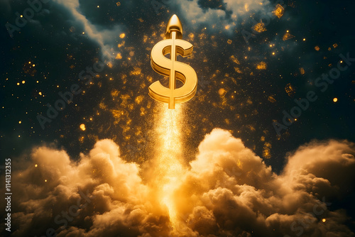 A golden dollar sign rocket takes off through clouds, symbolizing financial growth, prosperity, and ambition against a dramatic sky. photo