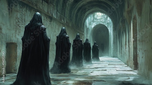 Dark Hooded Figures Walking Down Ancient Hallway photo