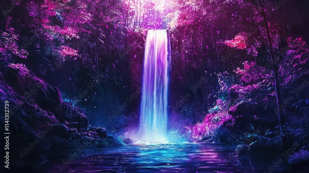 Enchanting Purple Waterfall in a Lush Night Forest Enchanting Purple Waterfall in a Lush Night Forest
