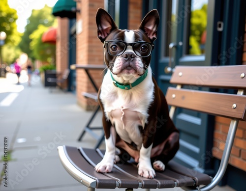 A majestic Boston Terrier sits regally in a rustic wooden patio chair, its brown and white coat gazing straight into the lens with an air of quiet seriousness photo