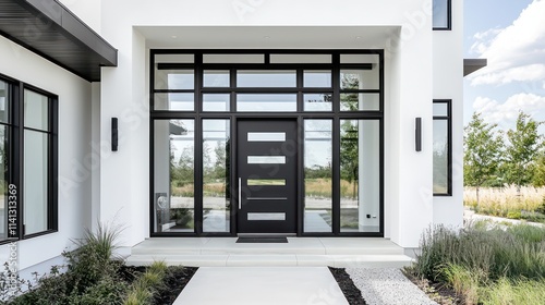 Striking black-and-white entrance, featuring a modern front door and expansive windows.