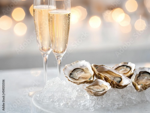valentine food romantic flavors concept, A stylish display of oysters on ice accompanied by two flutes of sparkling wine, perfect for a festive celebration.