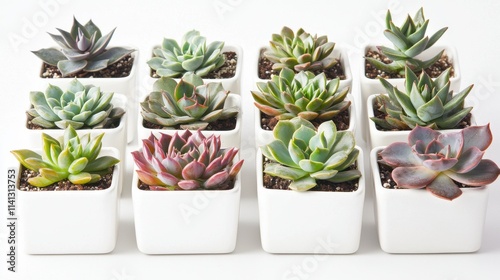 A vibrant indoor succulent garden setup featuring a mix of small succulents in sleek white ceramic pots, arranged neatly on a clean white isolated background for a modern green decor concept. 