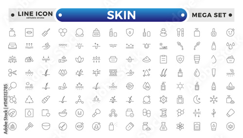 Skin care Outline icons set. Moisture cream, acid, anti wrinkle serum, ceramide, collagen, retinol compound, sunscreen vector illustration. Editable stroke outline icon.
