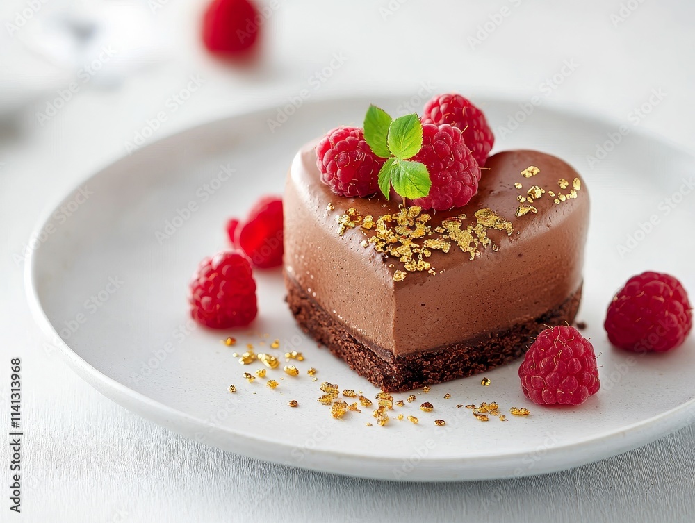 valentine food romantic flavors concept, A beautifully presented heart-shaped chocolate mousse dessert, topped with fresh raspberries and golden sprinkles on a white plate. valentine food romantic flavors concept, A beautifully presented heart-shaped chocolate mousse dessert, topped with fresh raspberries and golden sprinkles on a white plate.
