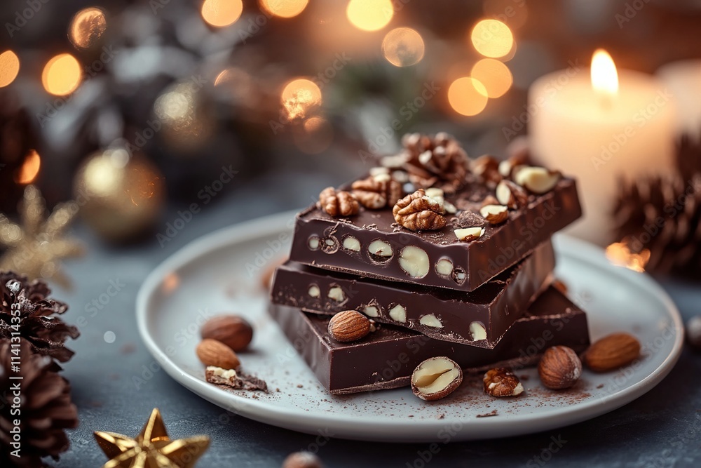 Dark Chocolate Indulgence: Nut-Filled Bars, Festive Ambiance, Cozy Winter Treat Dark Chocolate Indulgence: Nut-Filled Bars, Festive Ambiance, Cozy Winter Treat