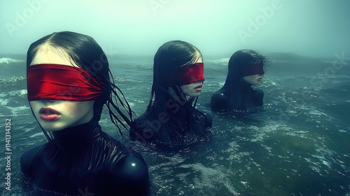 Three Blindfolded Women Submerged In Misty Water photo