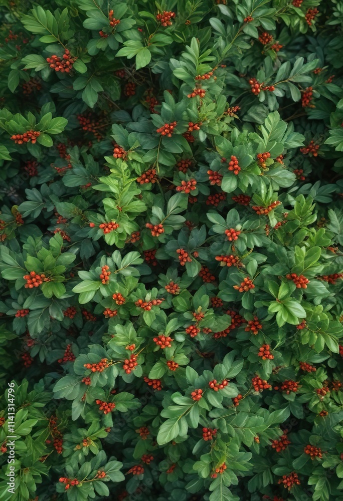 Overhead view of a lush green bush with ripe wolfberries, overhanging, landscape, wolfberry Overhead view of a lush green bush with ripe wolfberries, overhanging, landscape, wolfberry