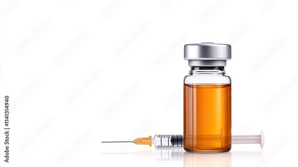 A vial of orange liquid with a syringe, likely a vaccine or medication. A vial of orange liquid with a syringe, likely a vaccine or medication.