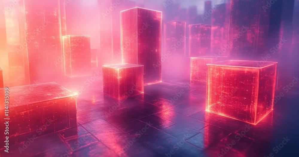 Fototapeta premium Futuristic Translucent Geometric Shapes in Dreamy Neon Light Abstract Composition