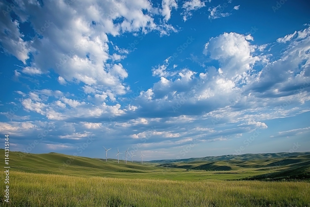 Wind Turbines Spin Across Rolling Green Hills Under a Vast Blue Sky with Fluffy White Clouds, Clean Energy Landscape Wind Turbines Spin Across Rolling Green Hills Under a Vast Blue Sky with Fluffy White Clouds, Clean Energy Landscape