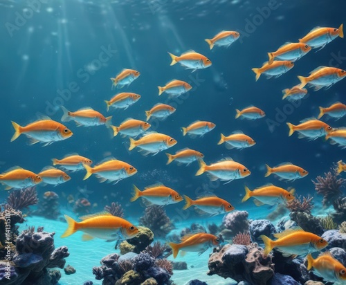 School of colorful fish swimming in crystal-clear background blue waters, colorful, movement