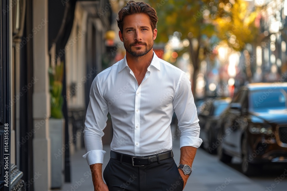 Obraz premium Handsome Man Wearing White Shirt Walks City Street
