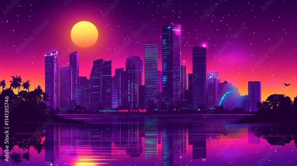 Naklejka premium Vibrant City Skyline at Night with Bright Reflections