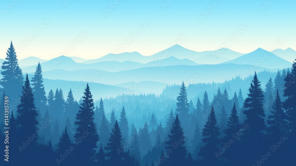 Fototapeta premium Seamless forest landscape with layered trees, vector illustration, ideal for outdoor and hiking concepts, depicting a serene natural background.