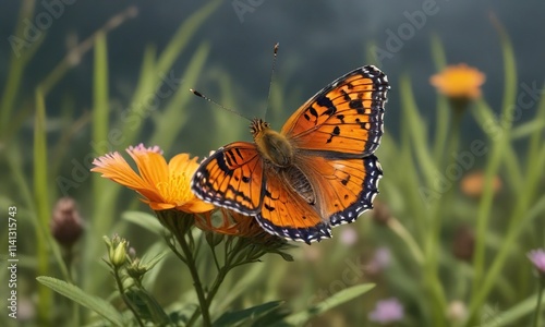 Rare Marsh Fritillary Butterfly Euphydryas aurinia, green grass, unique species, wildflower field