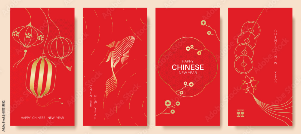 Chinese New Year 2025 hongbao red envelope design vector. Collection of Chinese festival with lantern, fish, coin, pattern. Elegant oriental illustration for ang pao, cover, calendar, ads. Chinese New Year 2025 hongbao red envelope design vector. Collection of Chinese festival with lantern, fish, coin, pattern. Elegant oriental illustration for ang pao, cover, calendar, ads.