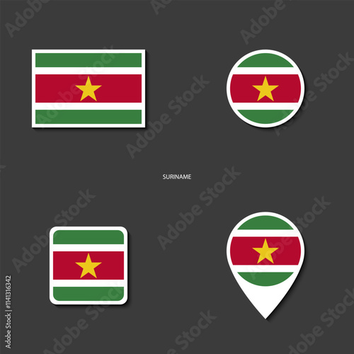 Suriname flag icon set in different shape (rectangle, circle, square and marker icon) on dark grey background. Suriname sticker icon collection on barely dark background	
