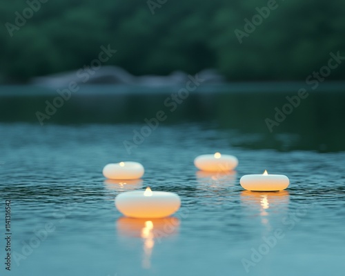 Tranquil Evening Floating Lamps Reflecting on a Calm River in India photo