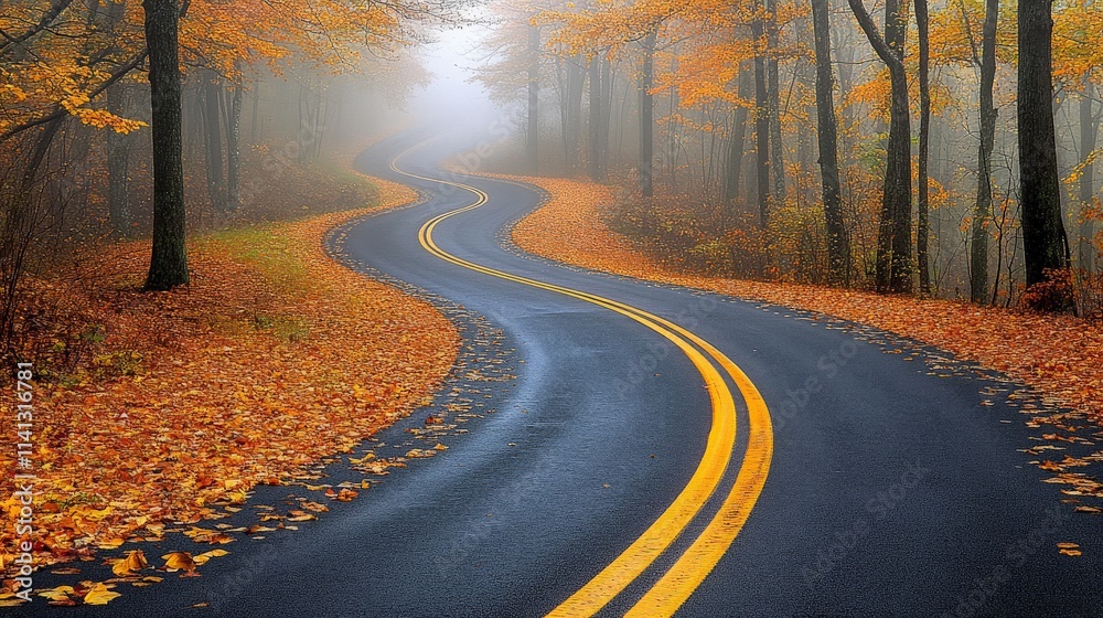 Obraz premium Winding Road Through Autumn Forest with Fog