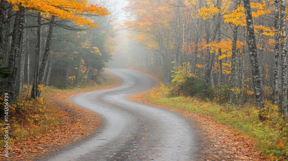 Obraz premium Winding Road Through Autumn Forest Shrouded in Fog