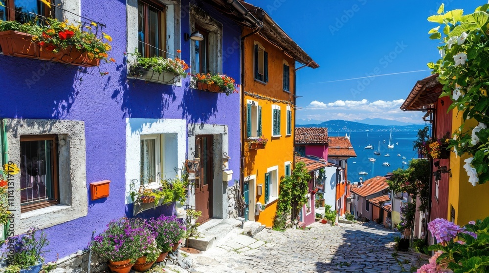 Fototapeta premium Vibrant street scene featuring purple painted houses lakeside village digital photography sunny day colorful architecture