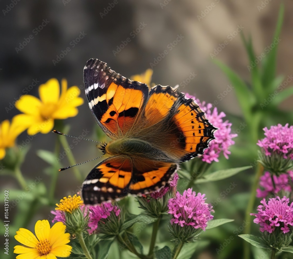 Small Tortoiseshell butterfly on a flower with yellow and black stripes, insect photography, leaf, macro photography Small Tortoiseshell butterfly on a flower with yellow and black stripes, insect photography, leaf, macro photography