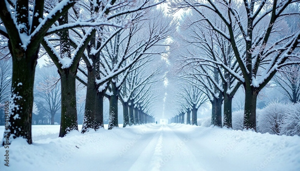 Snow-covered tree branches stretching over the road, tree limbs, frost, frozen leaves Snow-covered tree branches stretching over the road, tree limbs, frost, frozen leaves