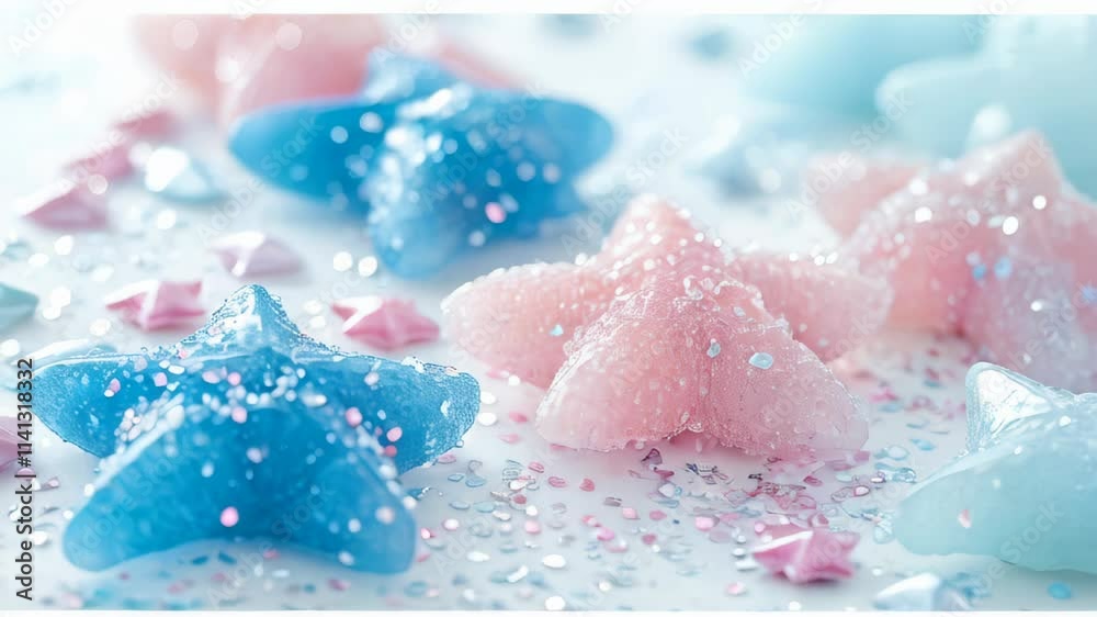 Colorful star-shaped candies in blue and pink on white surface for party decorations.