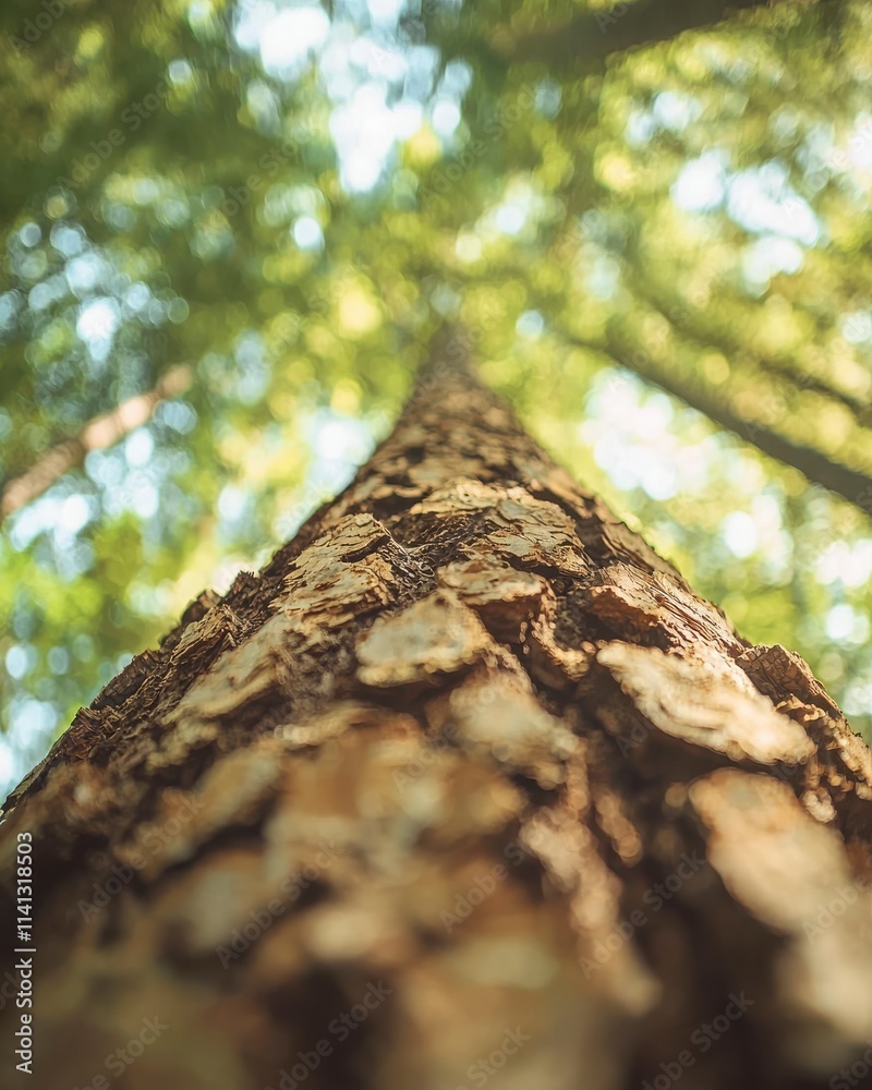 Tall Tree Trunk in Lush Green Forest with Sunlight Filtering Through Tall Tree Trunk in Lush Green Forest with Sunlight Filtering Through