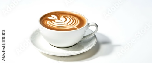 Photo of a white cup of coffee with a leaf design on the surface, placed on a white saucer, on a white table. Bright lighting, shadows, high quality, jpeg artifacts photo